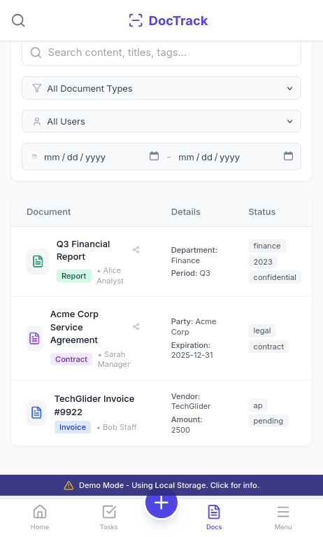 Doctrack Pro document management interface