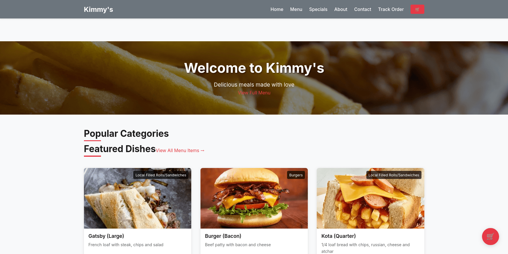 Kimmy's homepage with menu and order modal